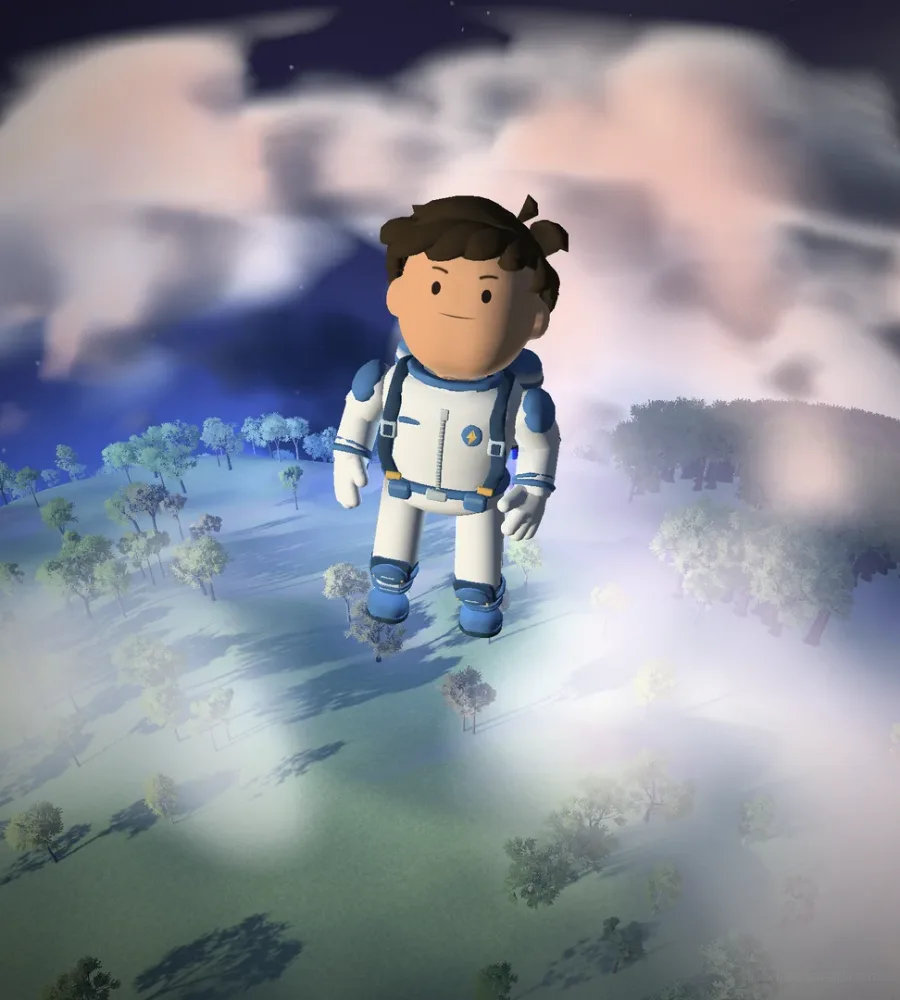 The N0MAD6 explorer floating above a small cloud-covered planet